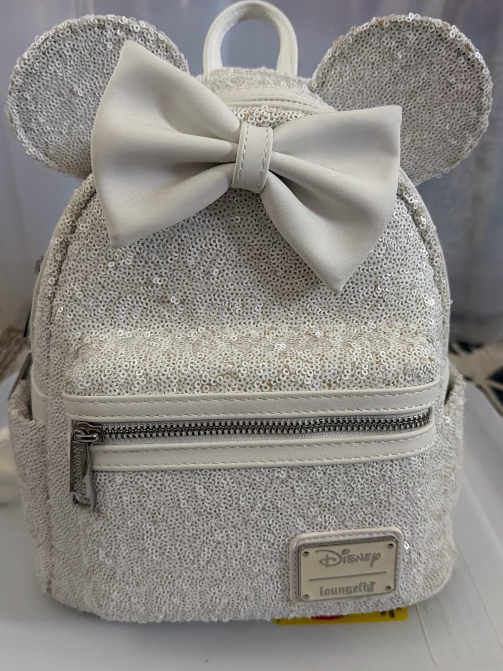 Loungefly White Sequin Mini Backpack with Bow and Ear Accents